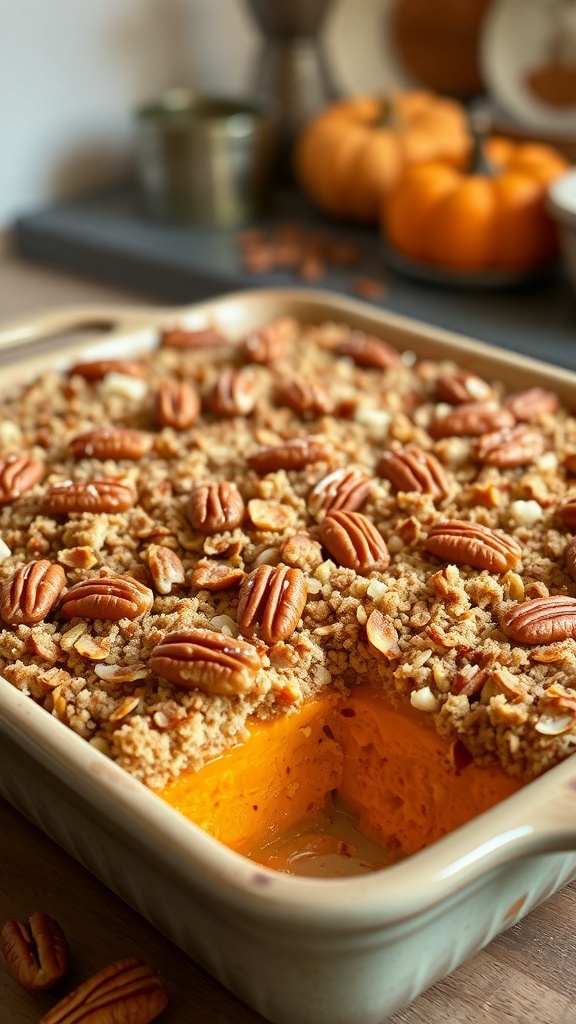 A delicious sweet potato casserole topped with pecans and coconut, served in a rustic dish.